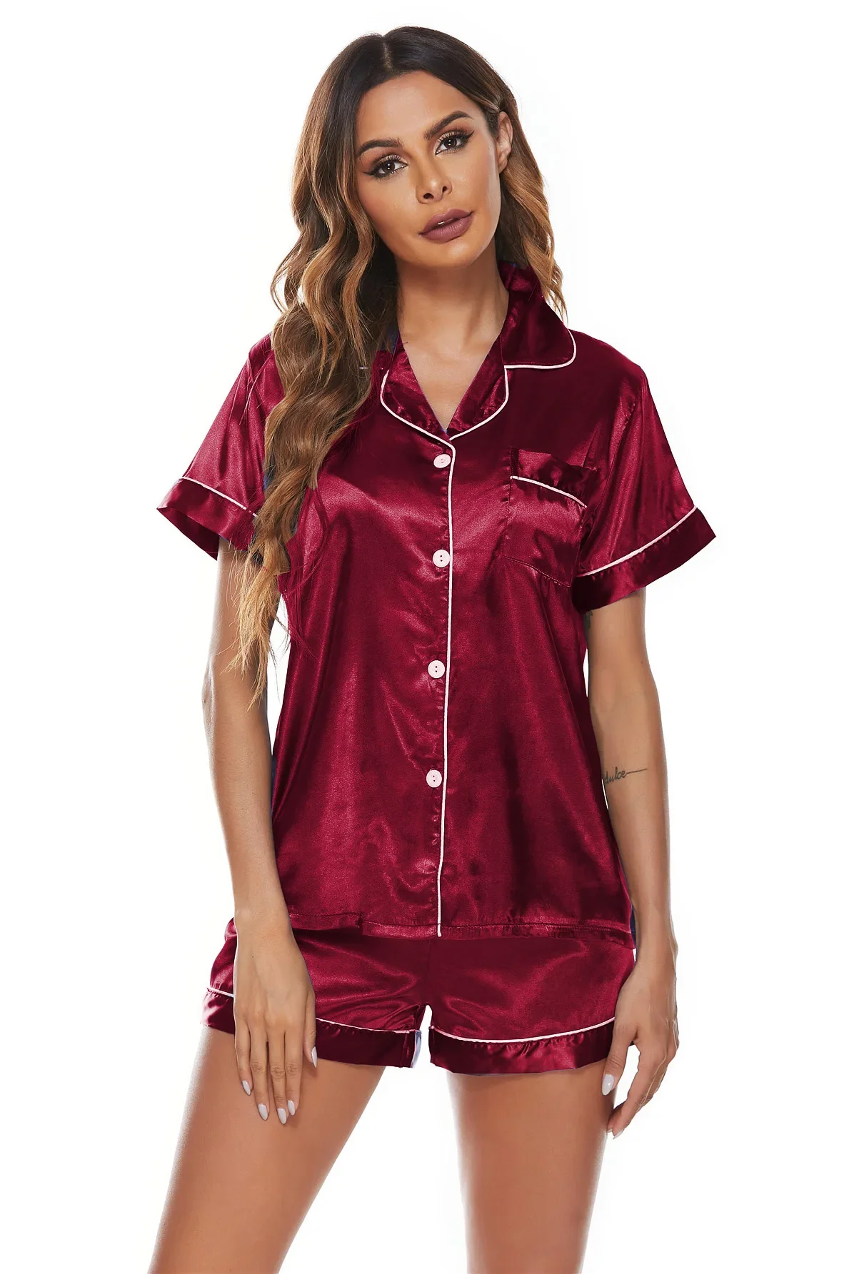 Set piyama wanita musim semi musim panas 2 potong, piyama Solid sutra imitasi Satin baju tidur kancing lengan pendek piyama Mujer Pjs pakaian rumah