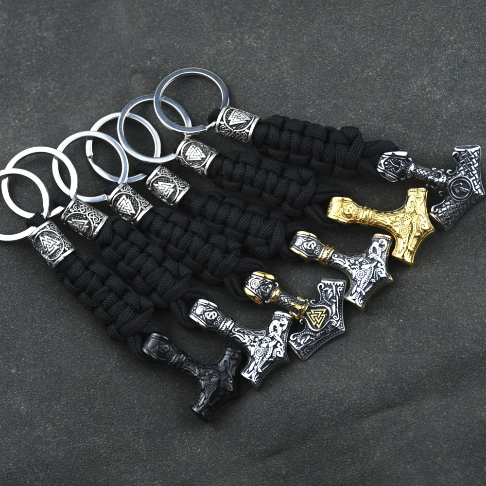 Stainless Steel Anchor Pendant Handmade Paracord Keyring Vikings Thors Hammer Rune Valknut Keychain Handmade Men\'s  Jewelry