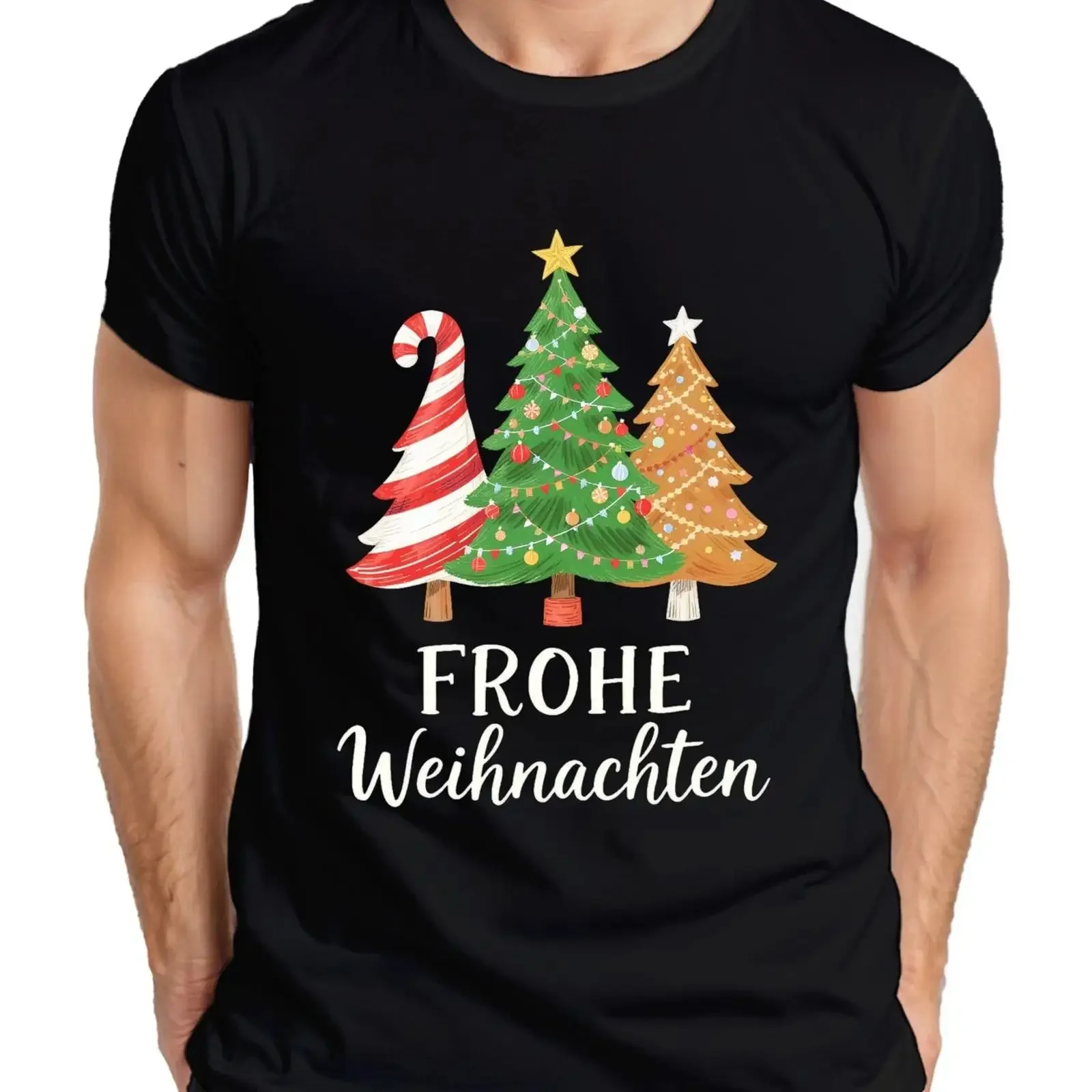Merry Christmas tree Fir Candy cane Gingerbread Men's T Shirt vintage Washed Versatile homme Breathable Stretched