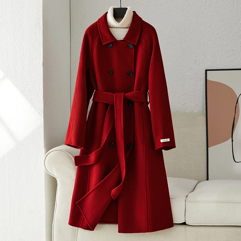 

2023 Double-sided Cashmere Coat Women's Mid Length Autumn/winter New High End Lace Up Pure Wool Coat