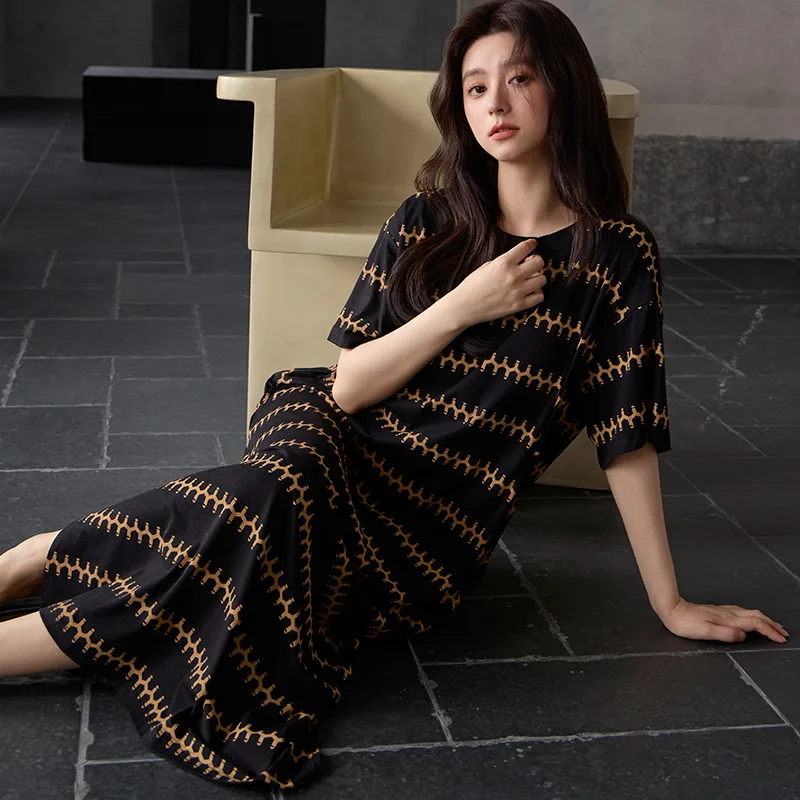 Summer Cool Modal Short-sleeved Medium and Long Nightgown Women's Striped Casual Thin Youth Loungewear with Chest Pads