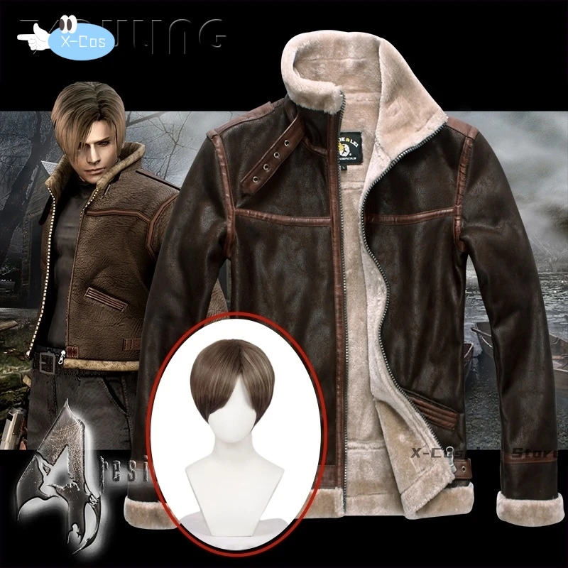 Biohazard Resident 4 Leon S Kennedy Evil Kostüm Ledermantel Jacke Cosplay PU Faur Jacke Langarm Winter Oberbekleidung Herren Junge