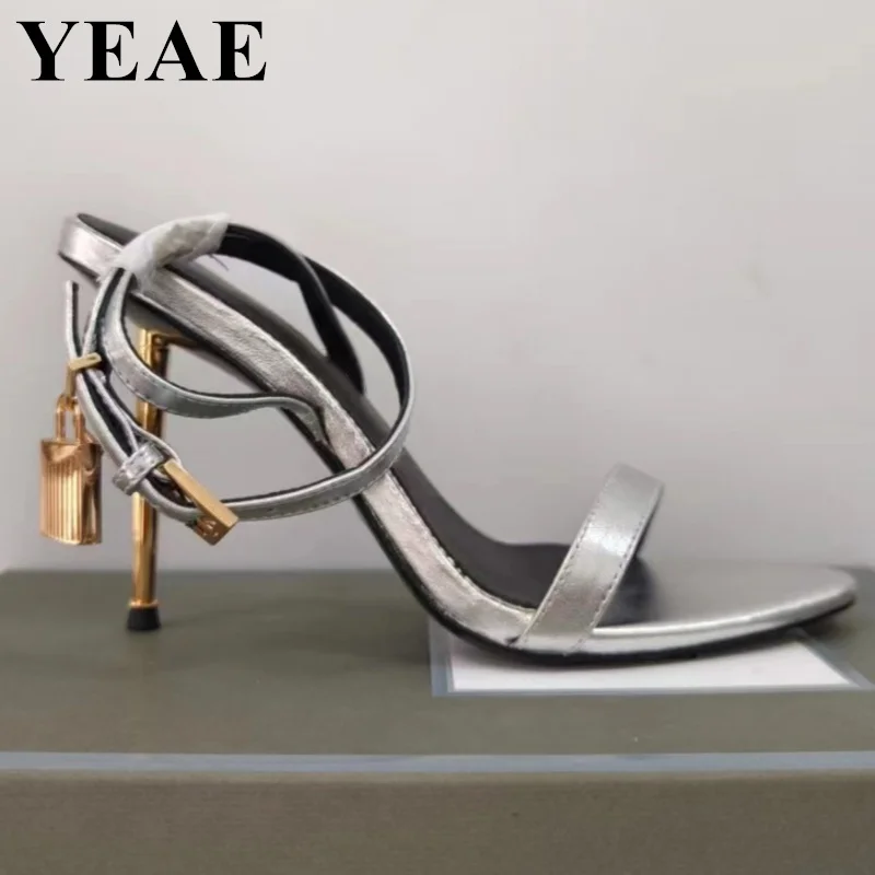 

New Women Metal Lock Sandals Summer Ankle Strap Sandals Design High Heel Shoes Padlock Stiletto Fashion Party Wedding Shoes 2023