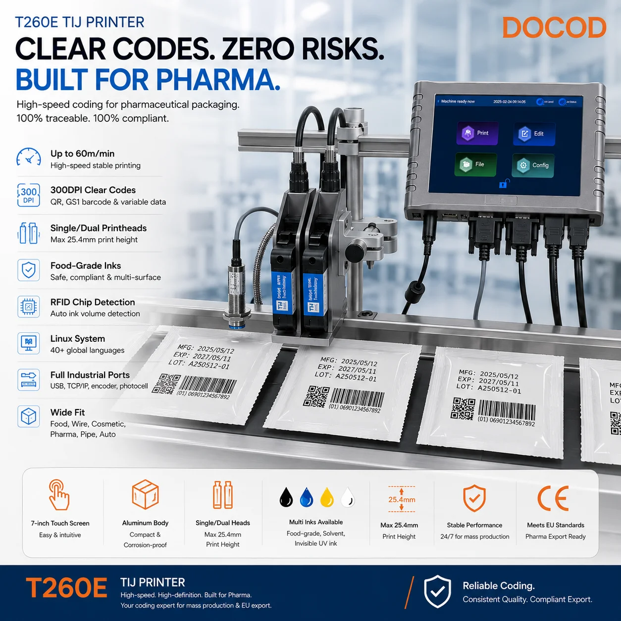 DOCOD Low Cost TIJ Online Inkjet Barcode Coding Machine OEM/ODM T260E Thermal Inkjet Printer for Plastic Bottle Bag Paper Box