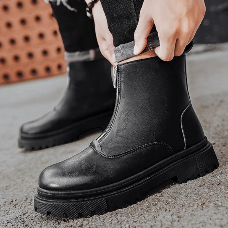 Platform Men's Leather Shoes Thick Sole Round Toe Social Free Delivery Shipping Male Casual Chelsea Boots Low Price In Promotion