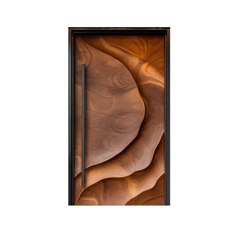 High-end self-built villa hotel log relief lobby entrance door light luxury swing door wood grain walnut customization
