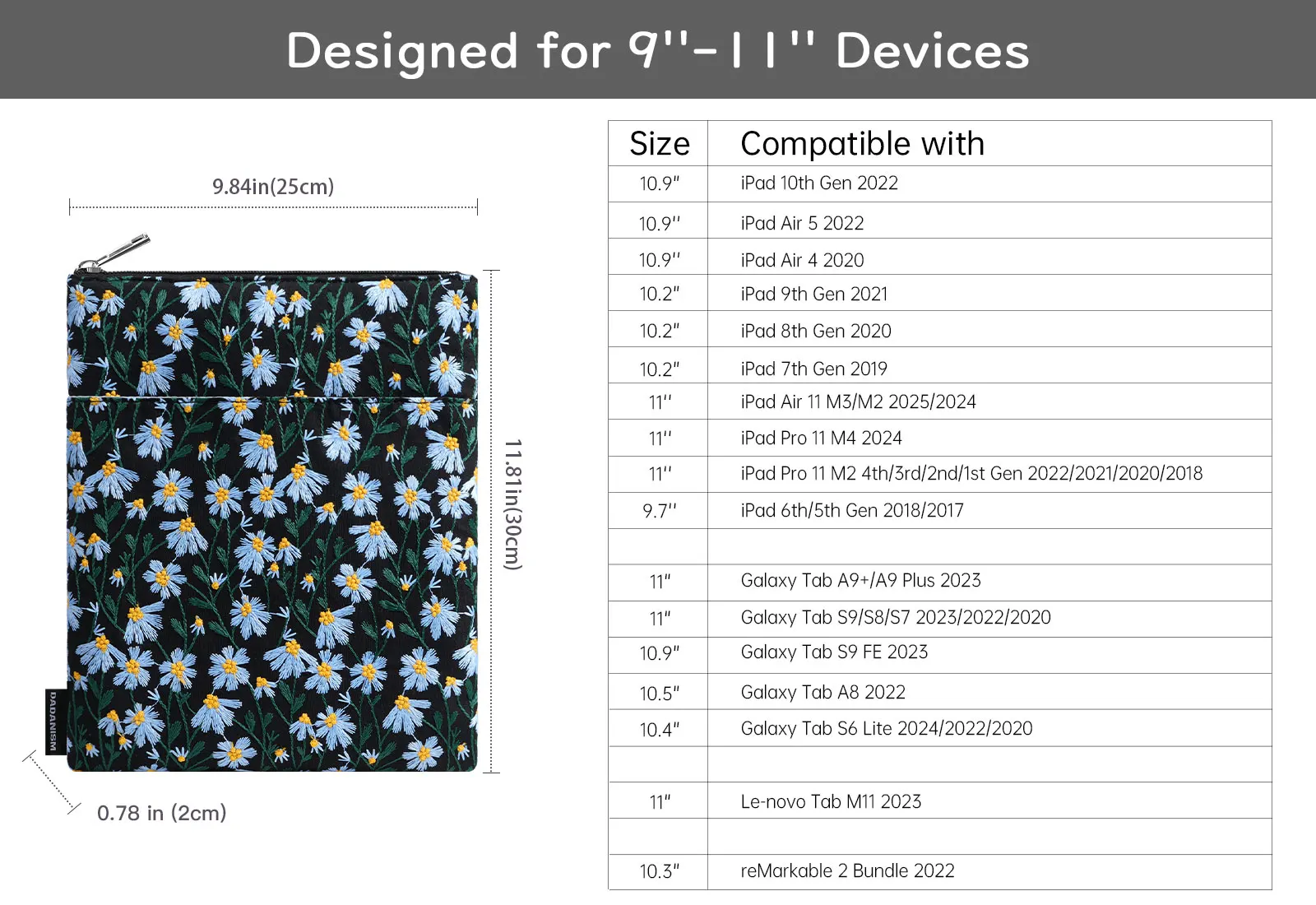 9-11 Inch Embroidered Daisy Padded Carrying Case Protective Tablet Sleeve for iPad A16 11th Gen 11