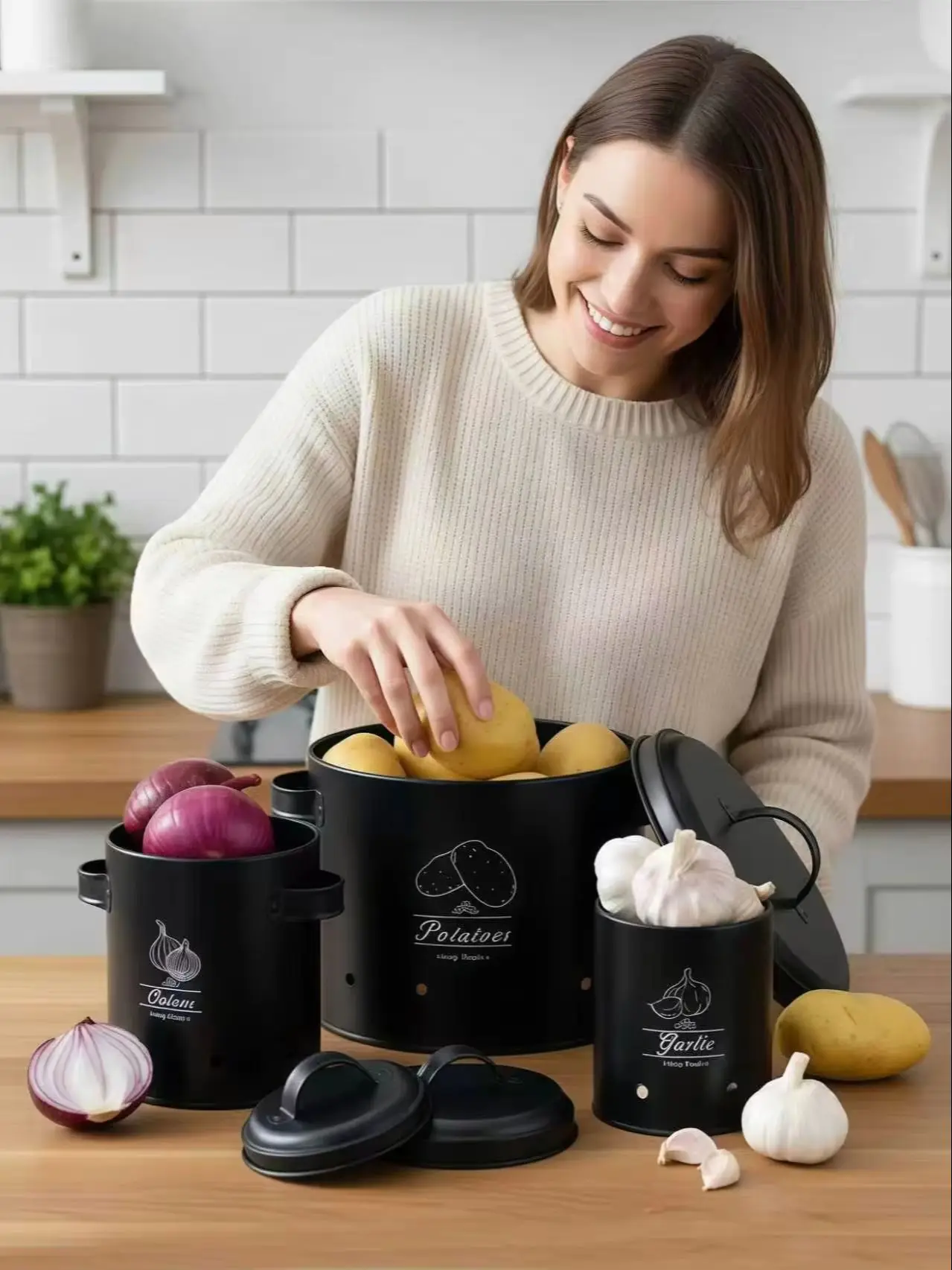 SAEIV Kartoffel Aufbewahrungsbox Set 3-teilig Kartoffel Zwiebel Knoblauch Aufbewahrung mit Belüftungslöchern, Rostfester Metall Zwiebeltopf Kartoffeltopf Küche Gemüse Aufbewahrung Behälter
