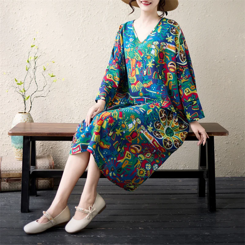Loose V-Neck Midi Dress Casual Style plus Size Women's Clothing Conceal Meat City Walk Cotton Polyester Long Sleeve Dress