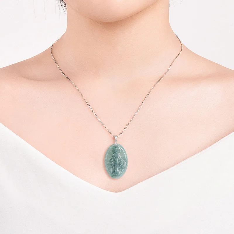 Natural A-grade Jade Blue Water Virgin Mary Pendant S925 Silver Inlaid Men's Charms Women's Jewelry Wholesale Drop Shipping 5