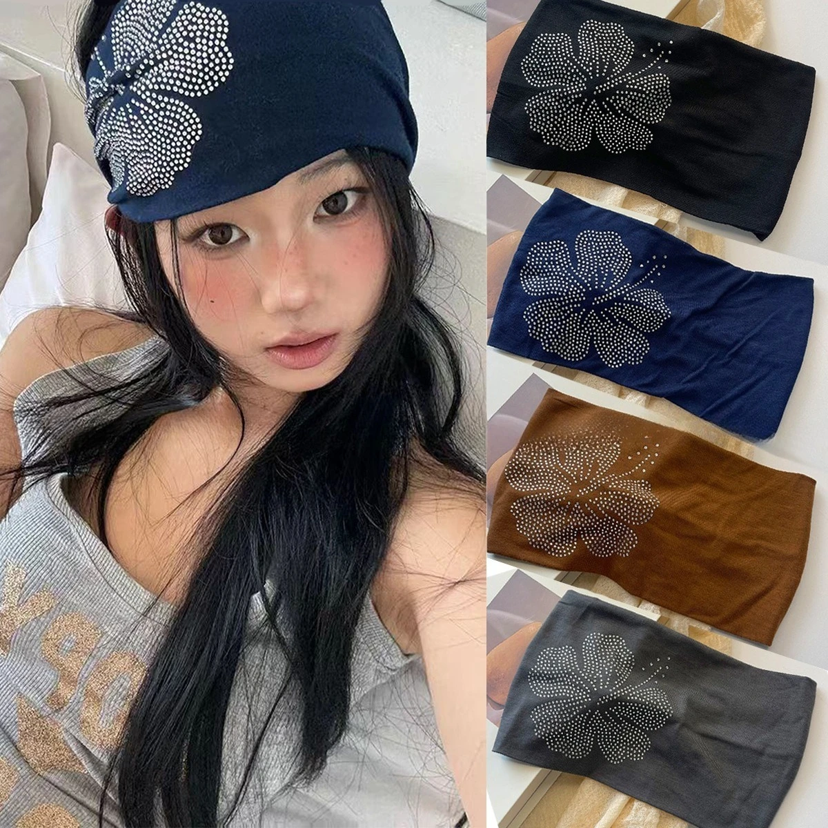 

Stylish and Unique Rhinestone-Embellished Wide Headband: Stretchy, Solid-Color, Versatile Hair Accessory with Elegant Appeal