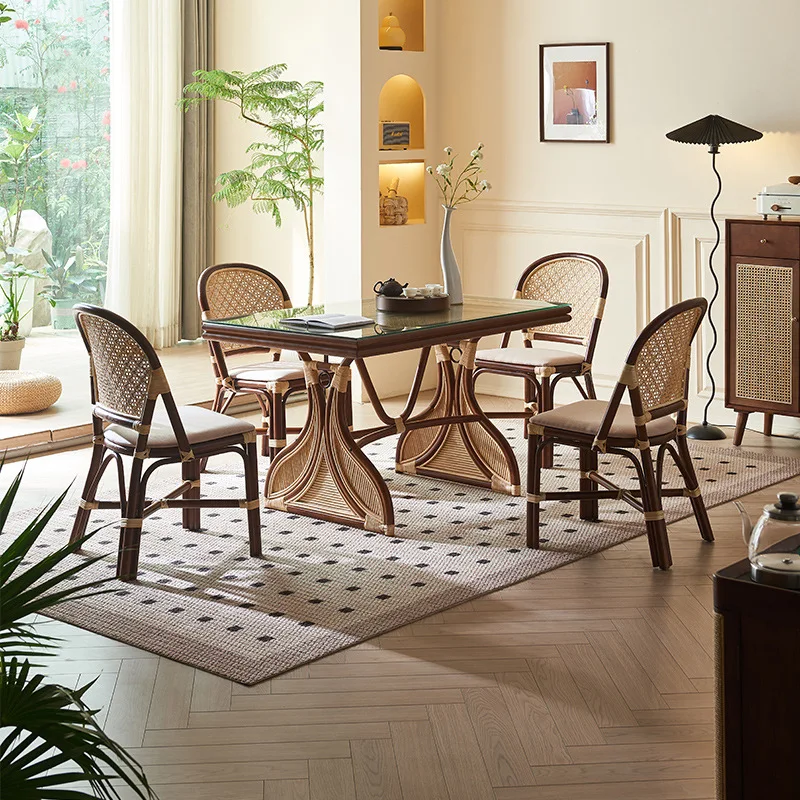Southeast Asian Vintage Rustic Creative Art Rattan Dining Table and Chair Set