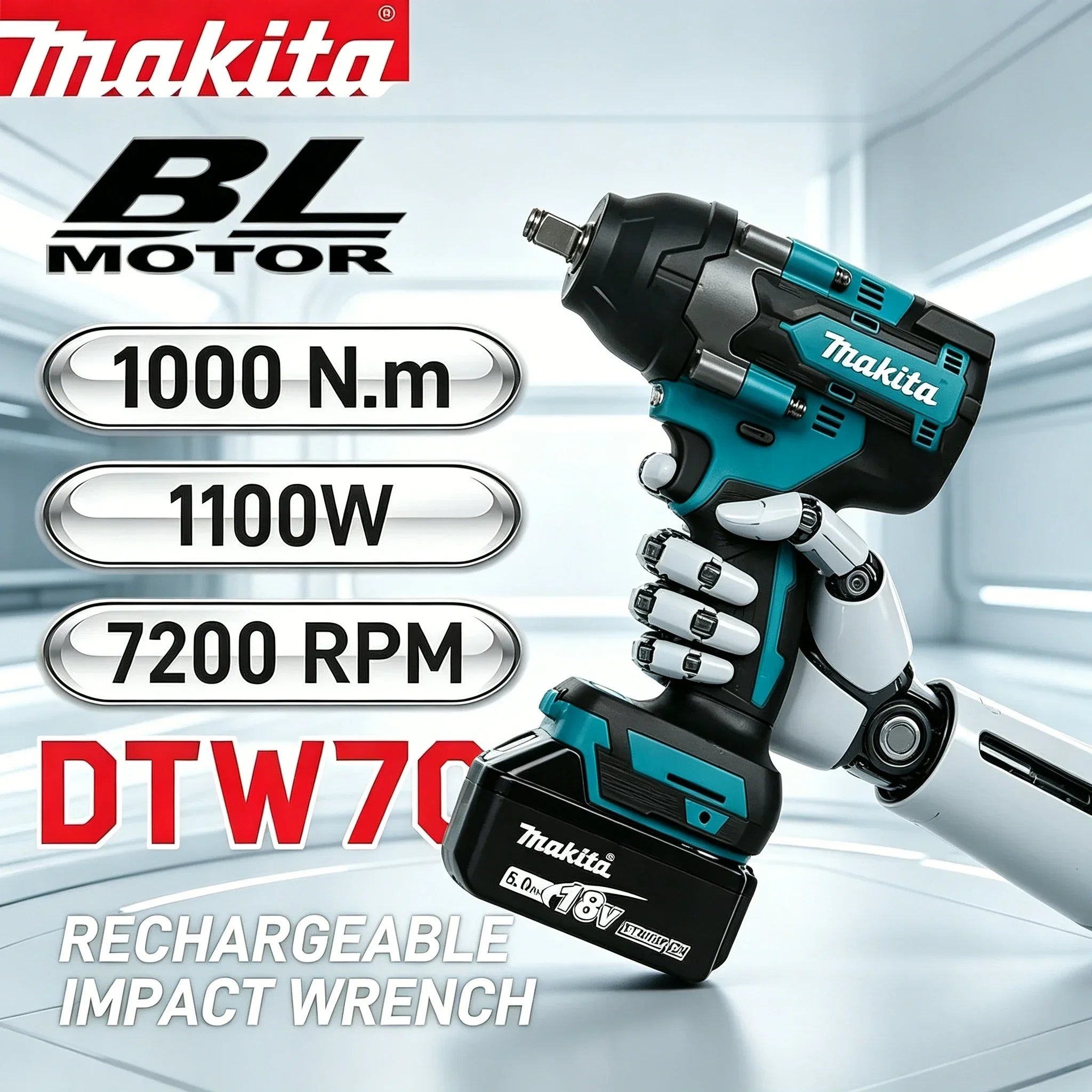 Chiave Elettrica Makita DTW700 a Batteria, Senza Spazzole, Multifunzione, Ricaricabile, Batteria al Litio 18V, Chiave a Impatto ad Alta Coppia per Riparazione Auto