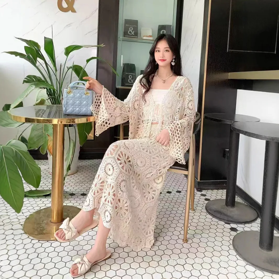 

Luxury Two-Piece Set Women Outfit Hook Flower Hollow Cardigan Bell Sleeves Loose Cropped Top Versatile Skirt Two-Piece Suit New