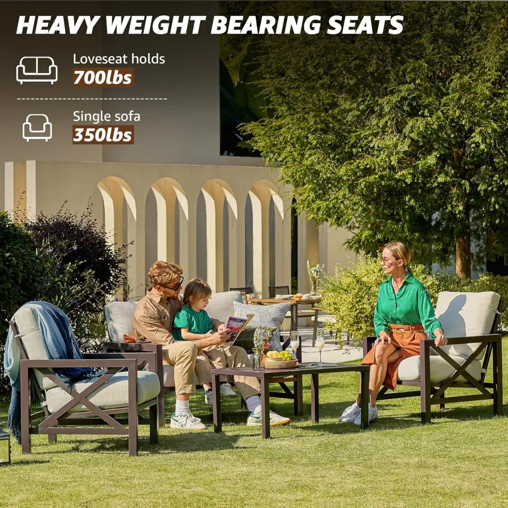 

Four Pieces Patio Set, Outdoor Sectional Metal Furniture, Conversation Loveseat Two Chairs, One Metal Table