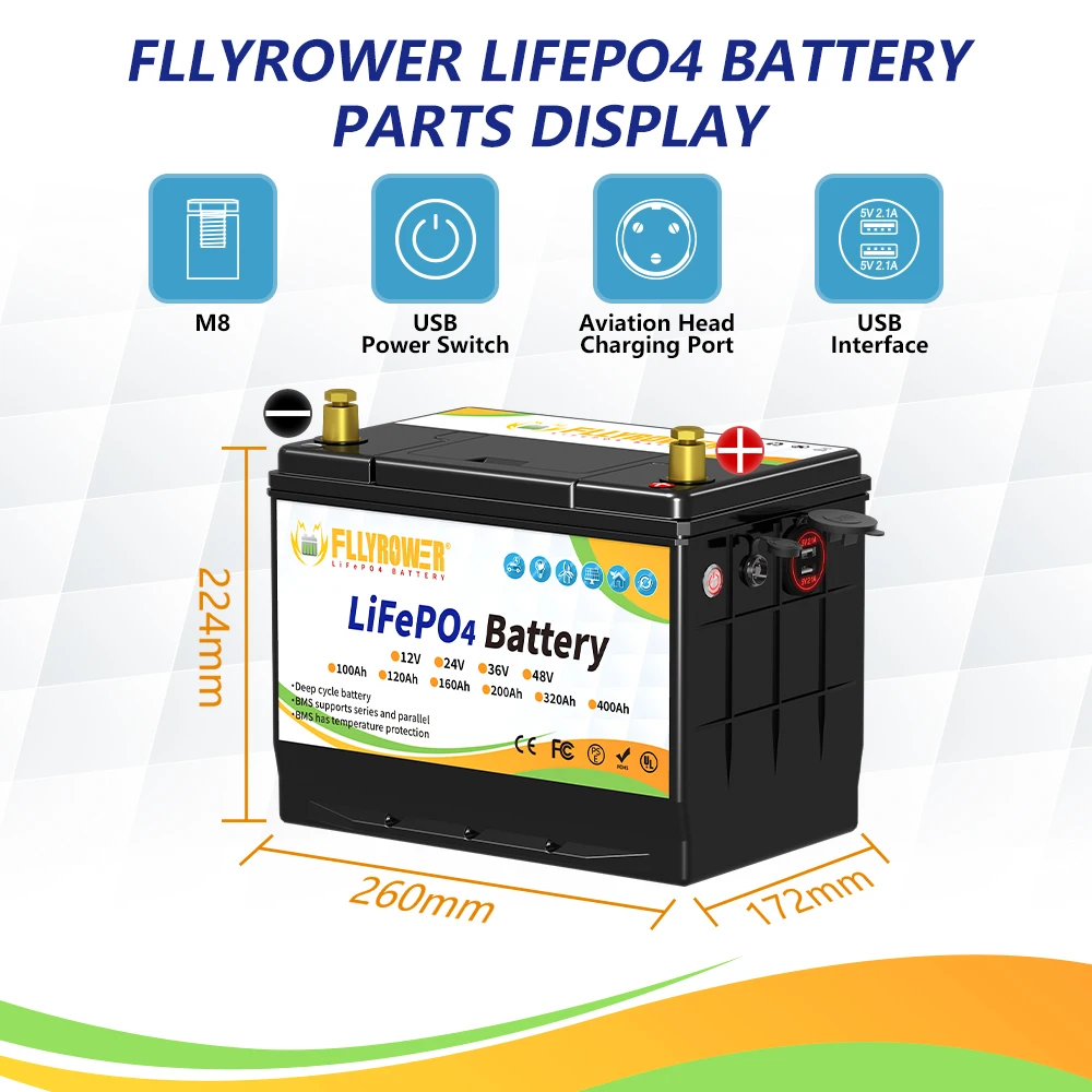 FLLYROWER EU/US Stock 24V 40Ah 60Ah 100Ah 120Ah 200Ah Lifepo4 Battery With BMS Lithium Iron Phosphate Energy Storage Battery