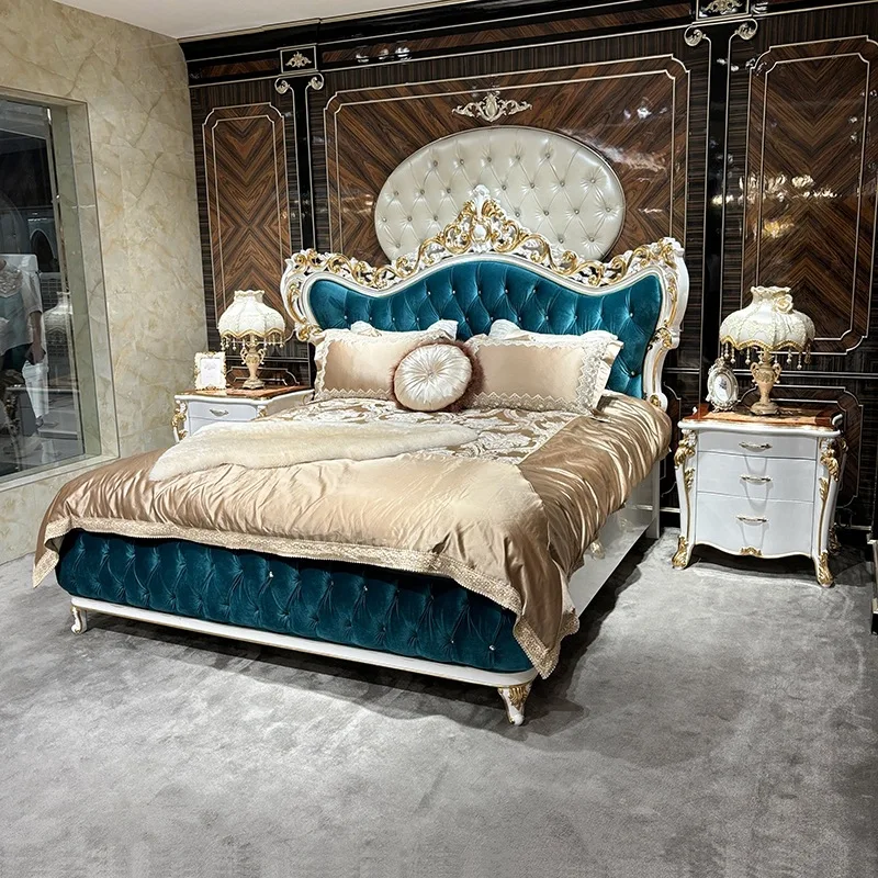 #Luxury French Style Neoclassical Solid Wood Double Bed 1.8m Flannel Upholstery Carved Details Rhinestone Decor Home Furniture