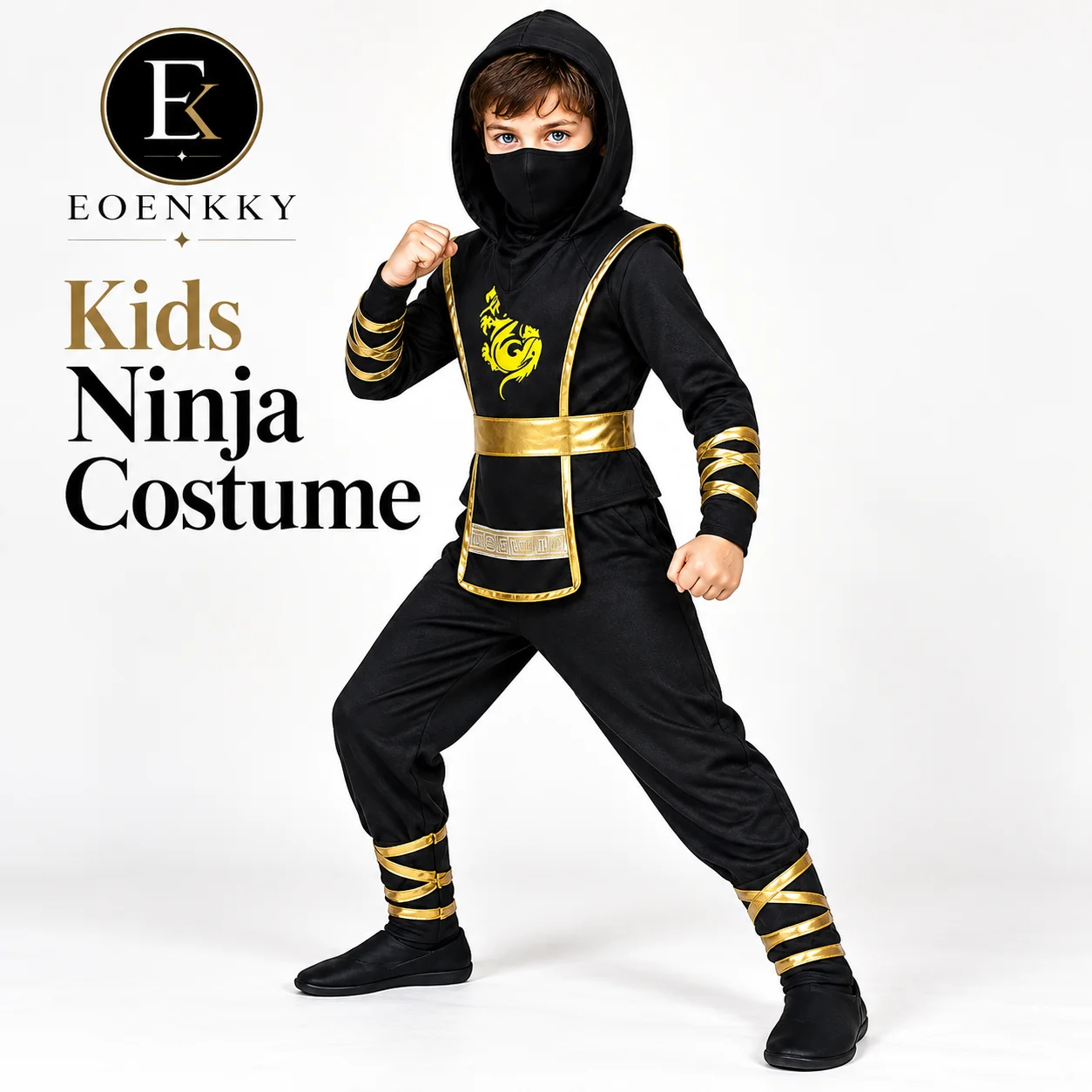 EOENKKY Kids Ninja Costume Halloween Cosplay Outfit Boys Girls Warrior Party Dress Up Set Hooded Mask Dragon Print