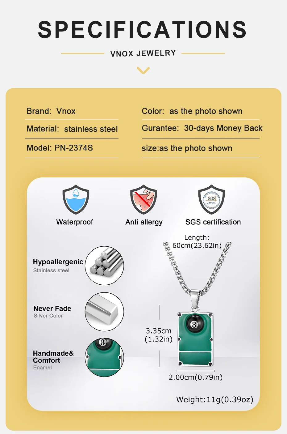 Vnox Edelstahl Billard 8-Ball Anhänger Halskette für Männer, Grüner Billardtisch Quadratischer Anhänger mit Kette Hip-Hop Sport Schmuck Geschenk – Detail 4