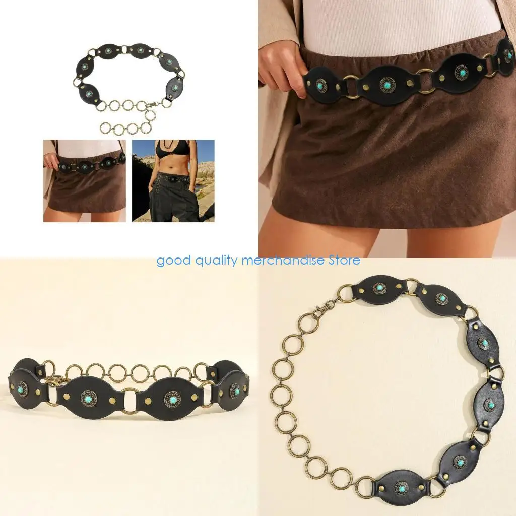 

Y5JD женский декоративный ремень с круглой пряжкой, вечерний ремень, бирюзовый пояс, богемный пояс