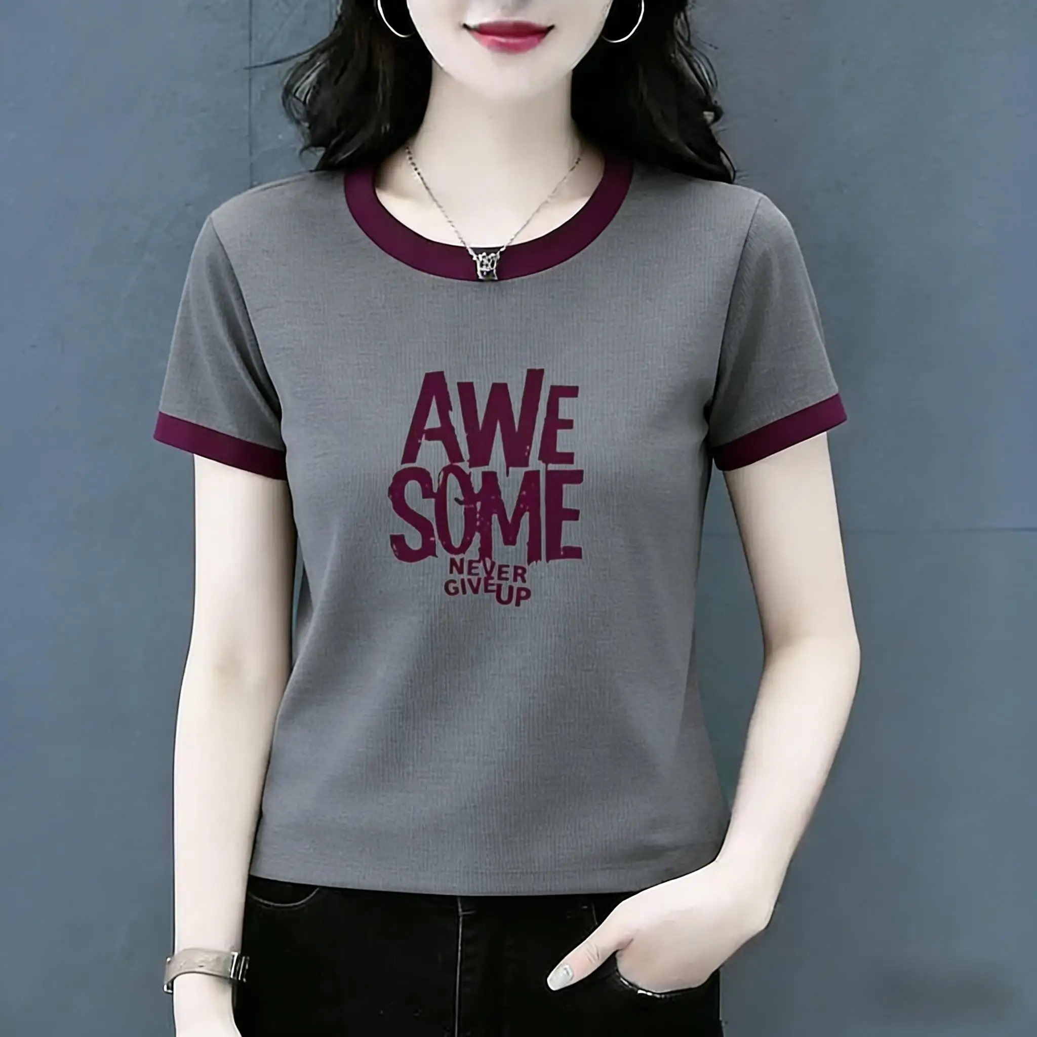 

Color Block round Neck Short Sleeve T Shirt Women's Casual Style Breathable Polyester Fiber Printed Top Summer Slimming Base ...
