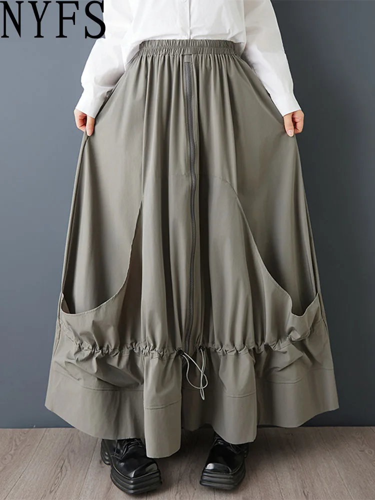 

NYFS 2026, весенние новые женские юбки, женская эластичная длинная юбка на молнии с высокой талией, большие размеры, на шнурке, в японском стиле