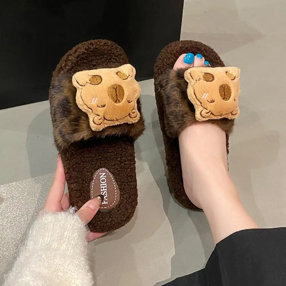 

Casual Fluffy Capybara Plush Slippers Home Wear Thicken Warm Winter Cotton Shoes Cute Anti-slip Plush Leopard Slippes Women