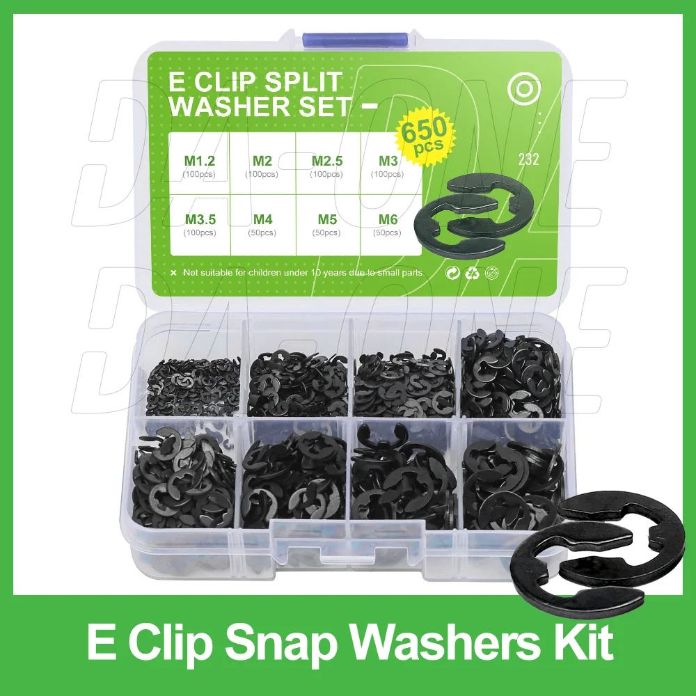 

650 PCS E Clip Snap Washers Assortment Kit M1.2 M2 M2.5 M3 M3.5 M4 M5 M6 304 Stainless Carbon Steel Circlip Washer Box for Shaft