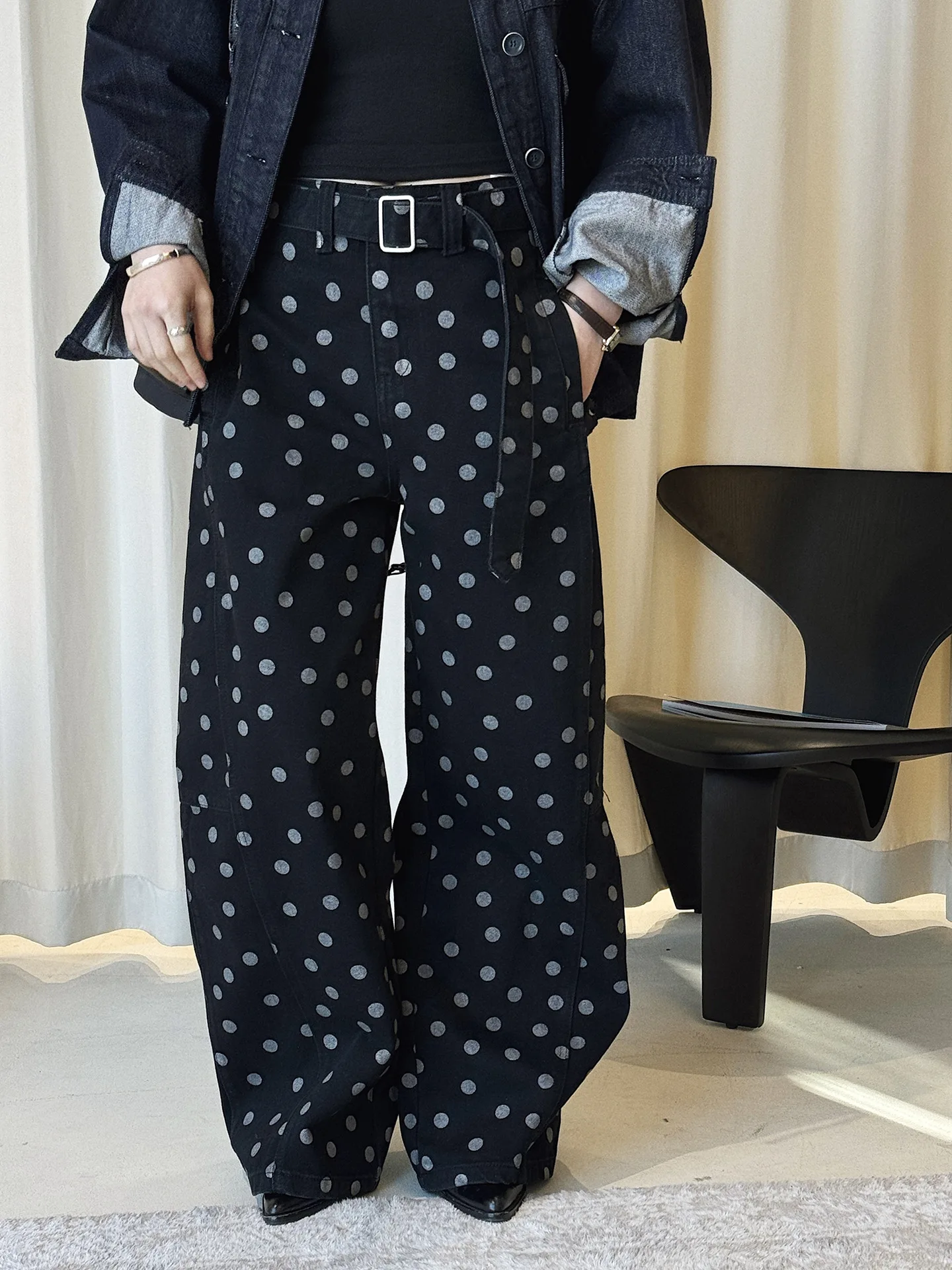 

Весенние модные джинсы в корейском стиле с высокой талией и поясом, в горошек, свободного кроя, для женщин.