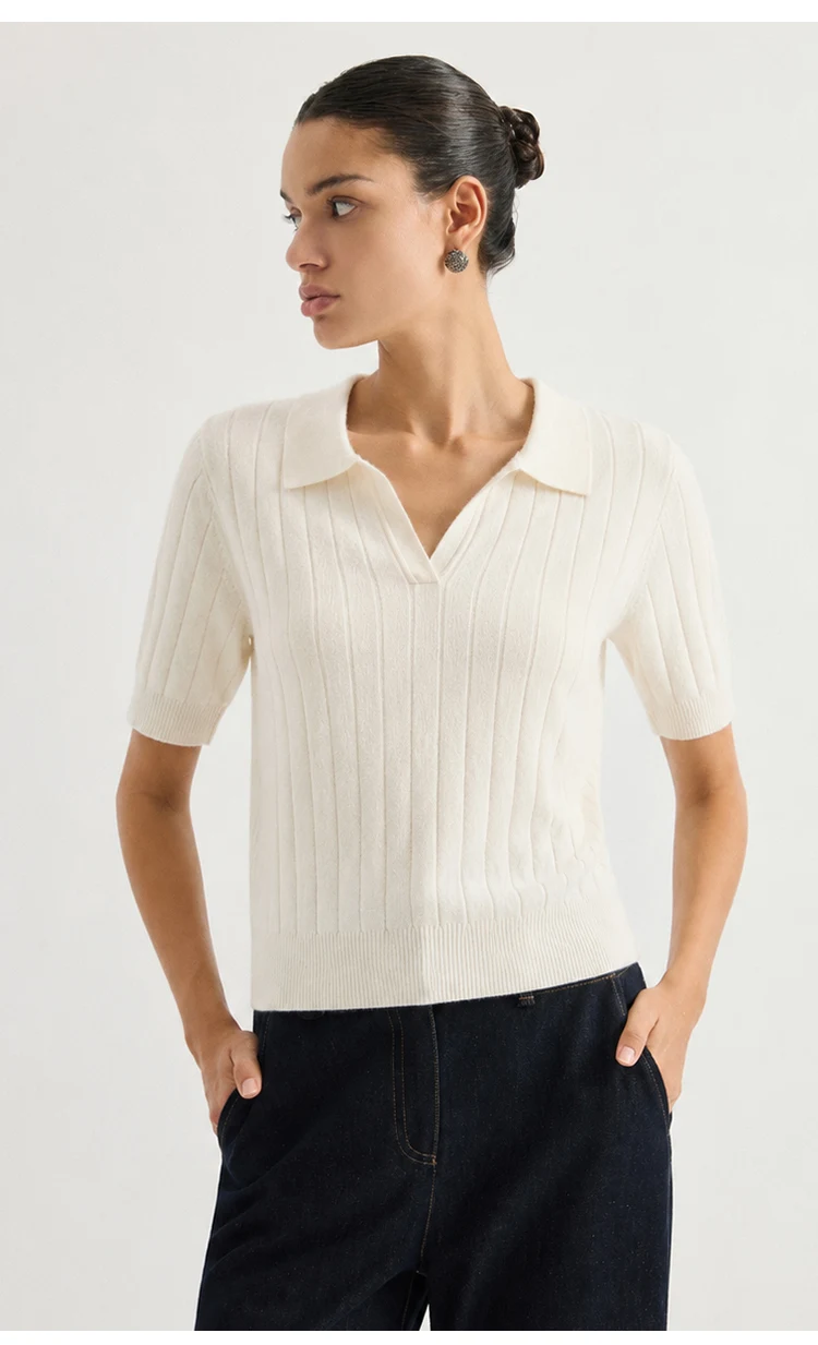 MZ62056 Damen-Pullover mit Polokragen, offenem V-Ausschnitt, kurzen Ärmeln, geripptem Strick, einfarbig, weiche Modal-Mischung, lässiges Oberteil für den frühen Herbst. – Detail 6