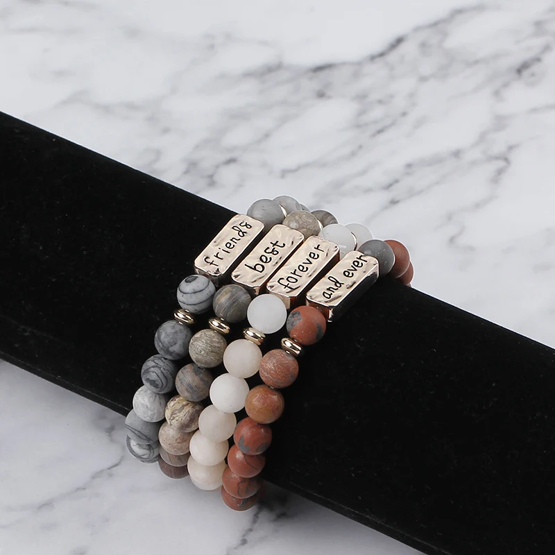 4 Pcs/ Set Best Friends Forever And Ever Natural Stone Bracelet Stretch Bangle Beads Chains For BFF Bestie Girl Friendship Gift