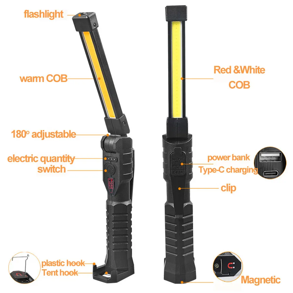 Multifunction COB Three Lights Led Flashlight USB Rechargeable Work Light Magnetic Lanterna Hanging Lamp with Built-in Battery