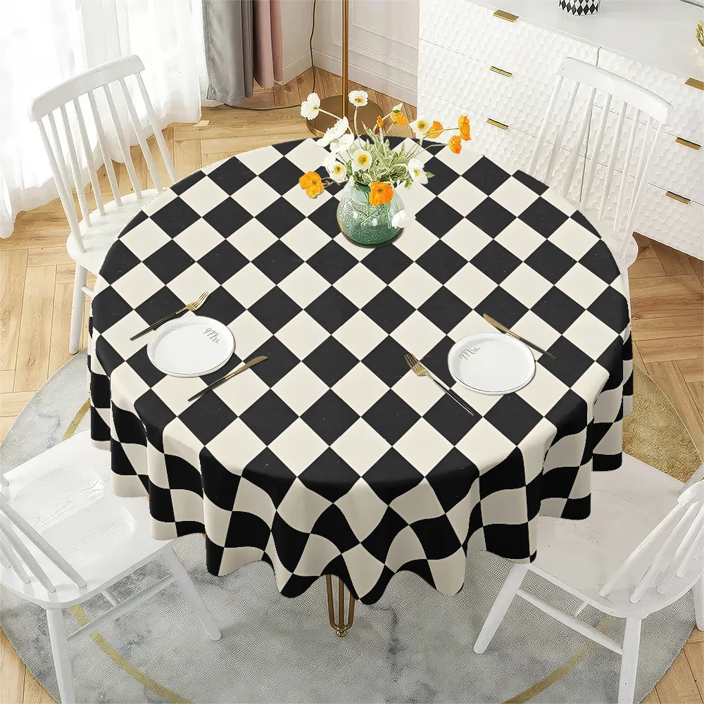 One classic black and white diamond-patterned round tablecloth, a simple and fashionable table cover fabric
