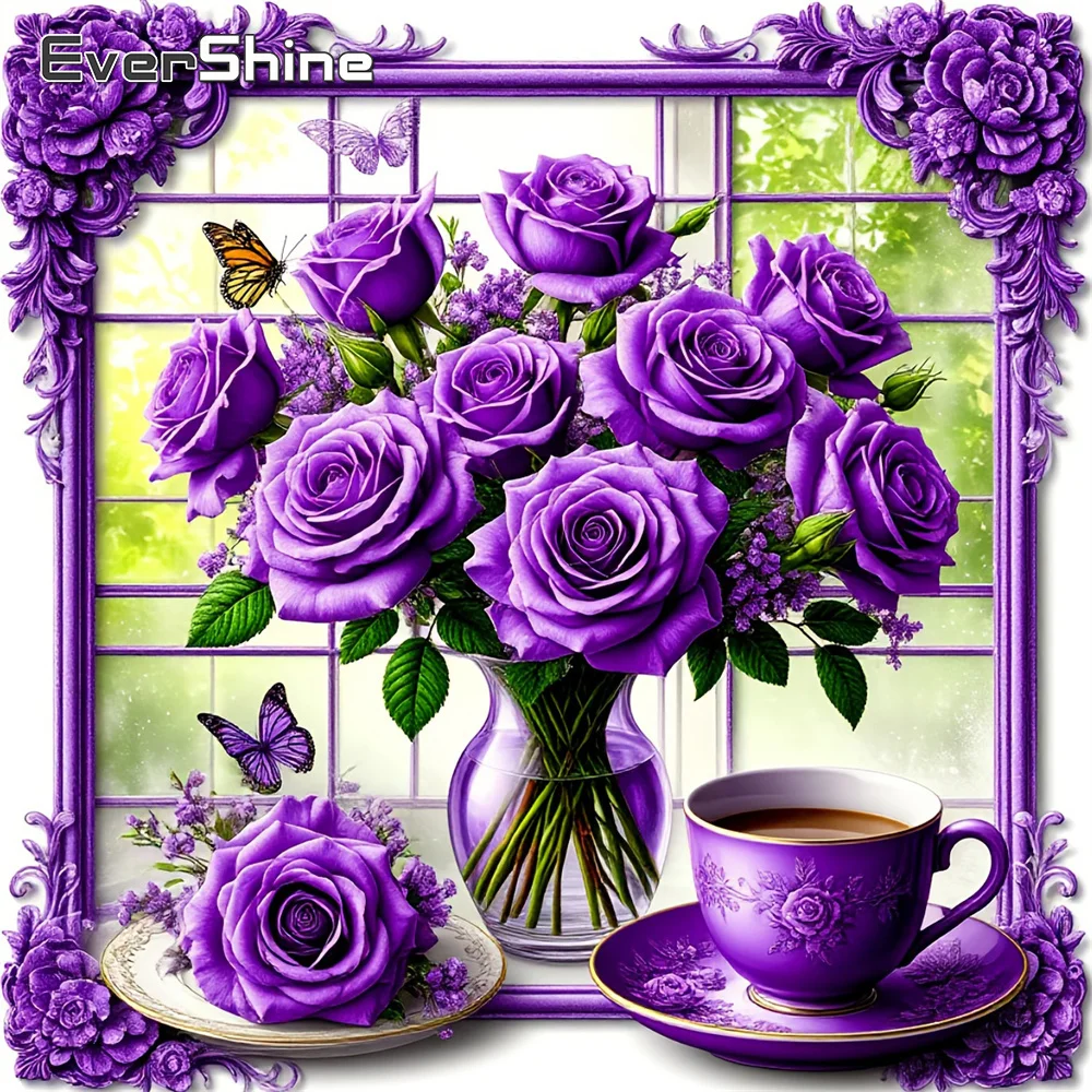 EverShine Diamant-Mosaik Rose Vollflächiges Quadratisches Malerei-Blumenbild mit Strasssteinen DIY Stickerei Lila Wandkunst