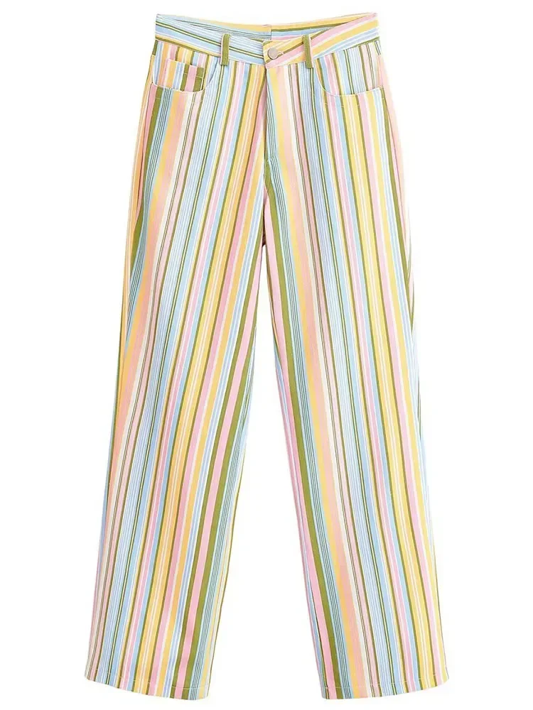 New Women Summer Candy Color Vertical Stripe High Waist Wide Leg Jeans Relaxed Straight Denim For Coastal Holiday Getaway Wear