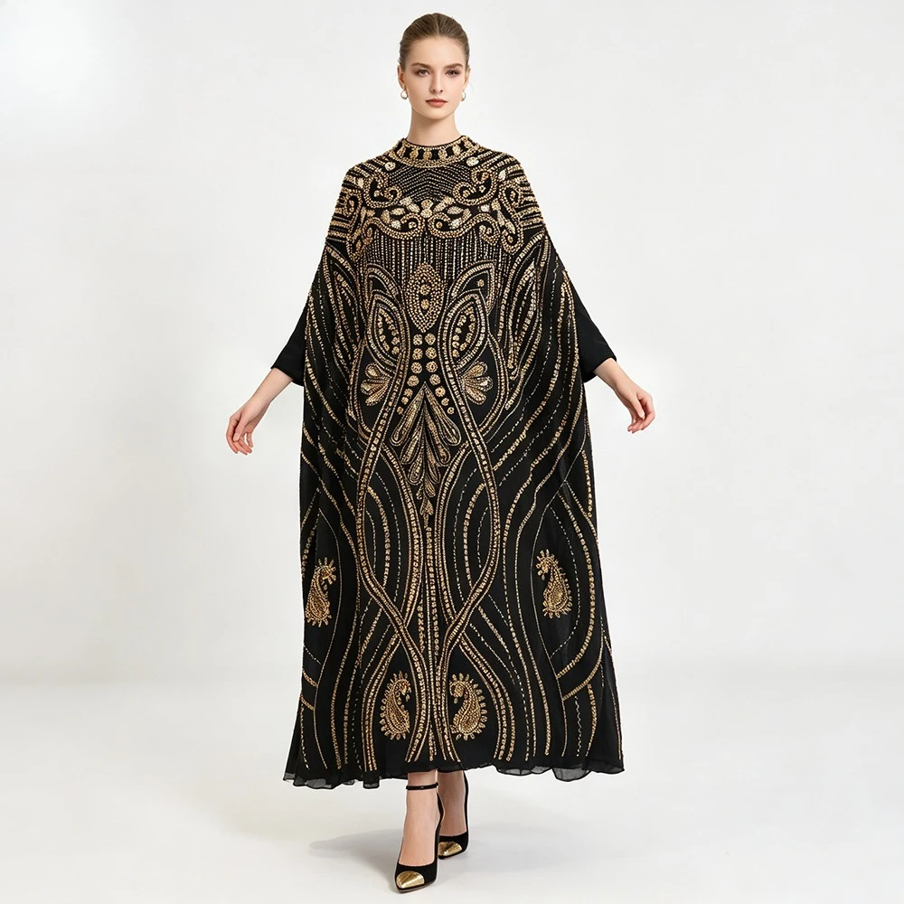 2-Piece Embroidered Kaftan Abaya Set with Inner Dress Women Dubai Jalabiya Gold Floral Long Sleeve Maxi Muslim Dress Eid Ramadan