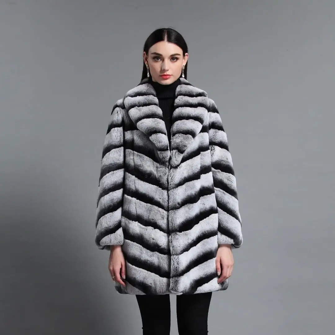 Fashion Elegant Real Rex Rabbit Fur Coat Women's Chinchilla Mid Length Thick Jacket Overcoat Winter Warm Natural Fur Outwear