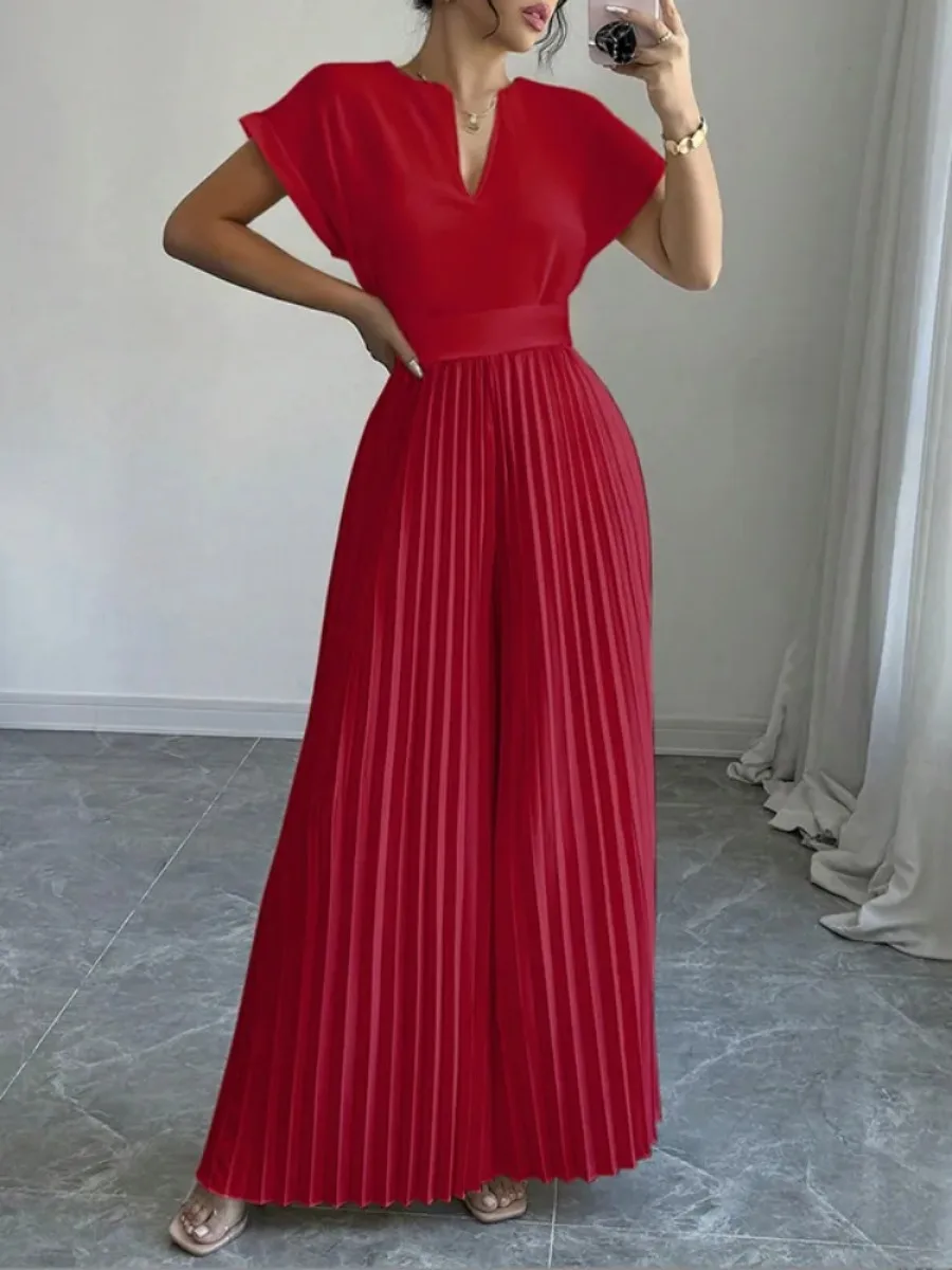 Freeacy Women Notch Neck Cap Sleeve Fitted Waist Pleated Wide Leg Jumpsuit 2026 Summer Solid Red Floor Length Formal Romper