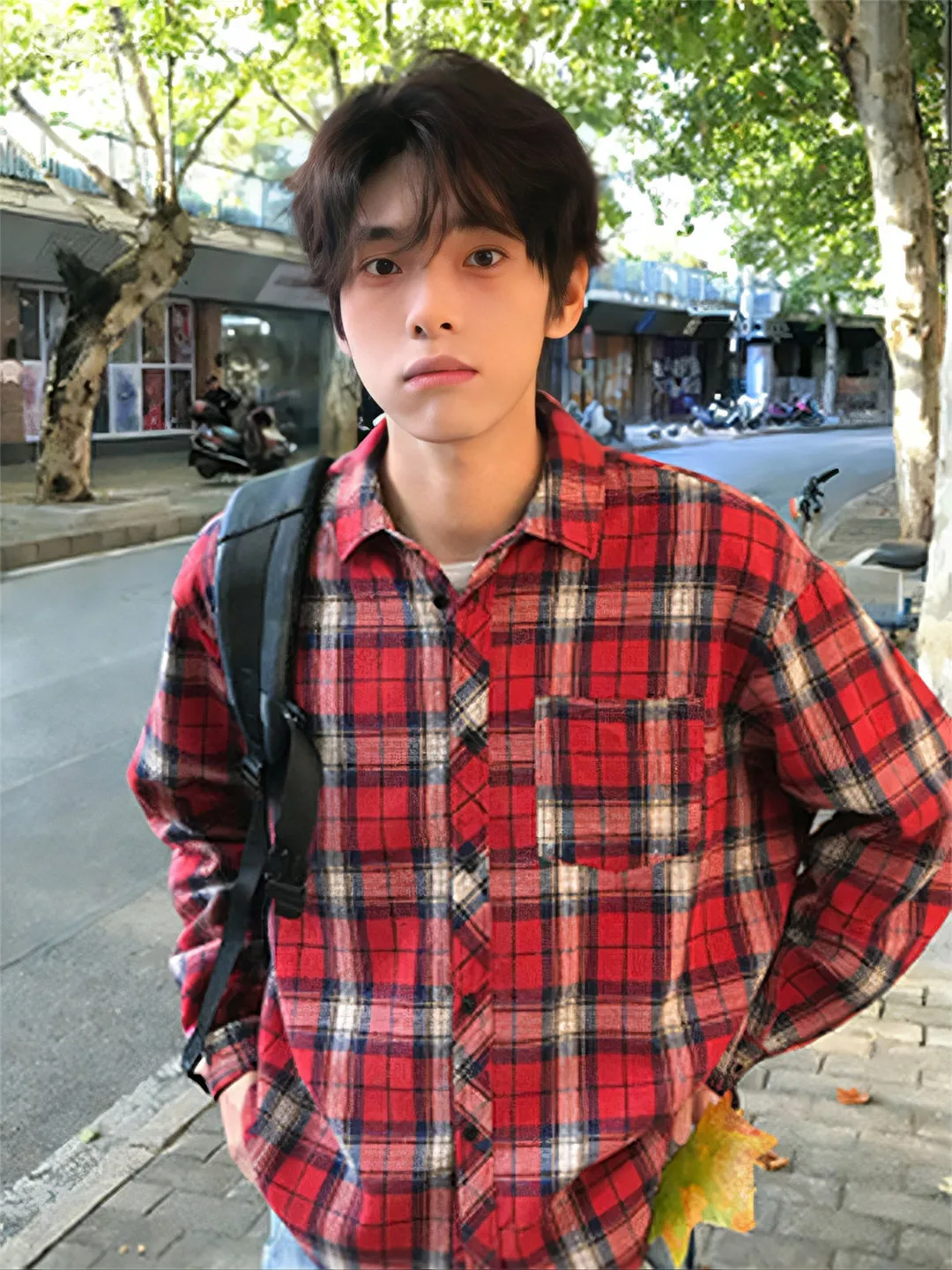 

Red Plaid Long Sve irt Men's Spring Autumn Youth Sle Inner Wear Casual Loose Fit Button up Vintage Pattern
