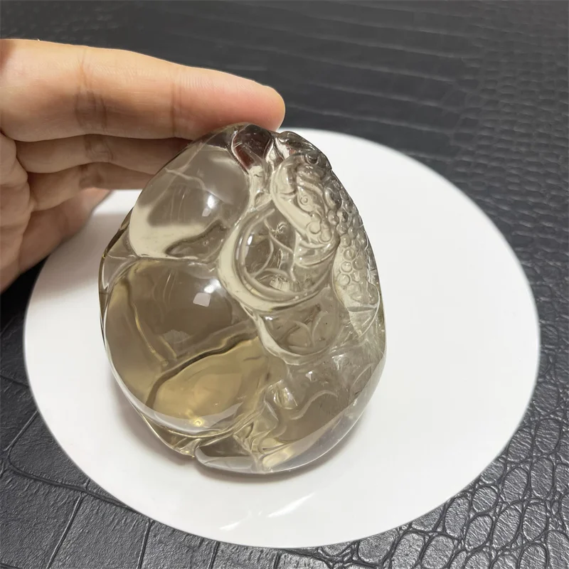 

Rainbow Natural Smoky Clear Quartz Golden Toad Crystal Hand carved