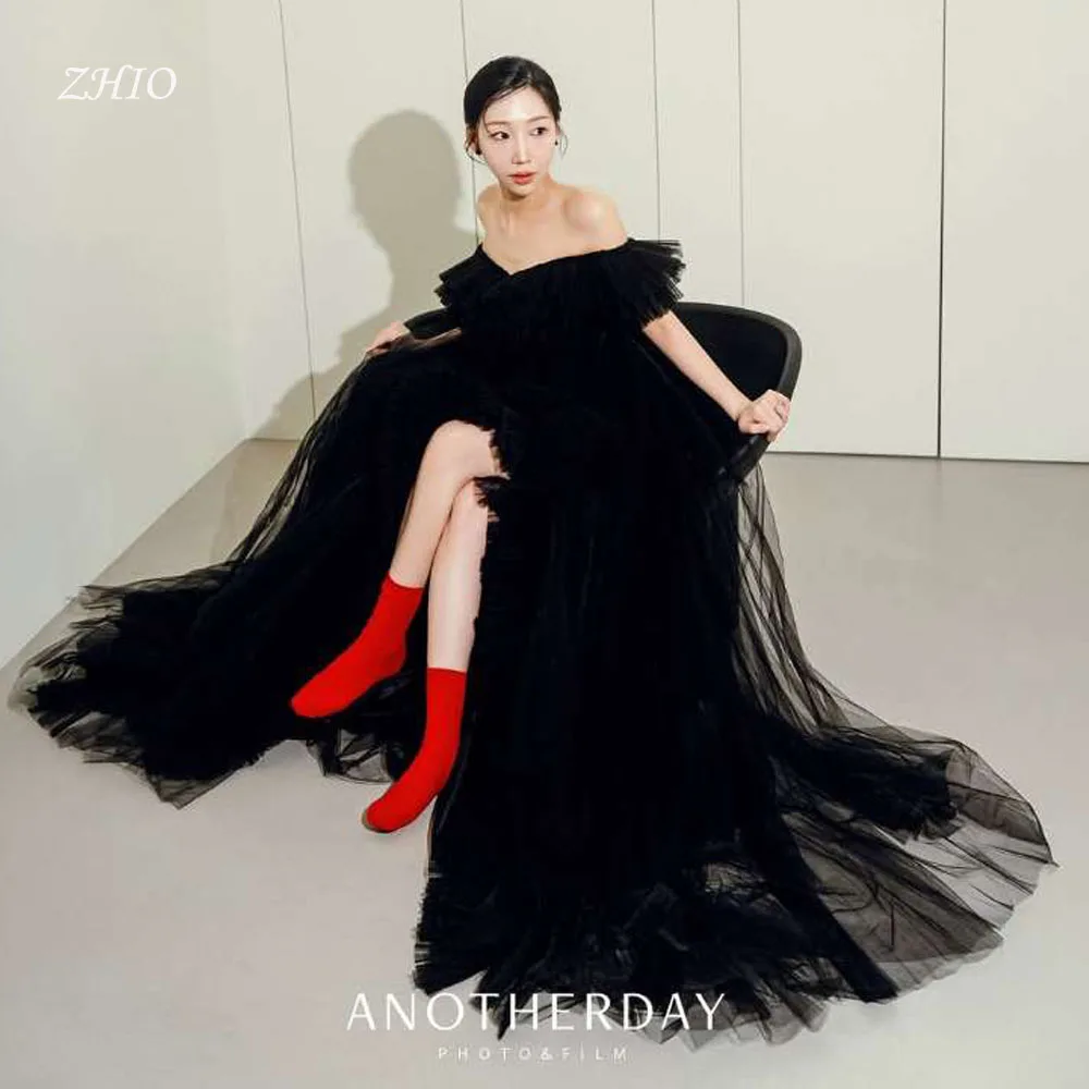 

ZHIO Sexy Off the Shoulder Black Tulle Evening Dresses Korea Photo shoot Short Sleeves Prom Gowns Formal Occasion Customized