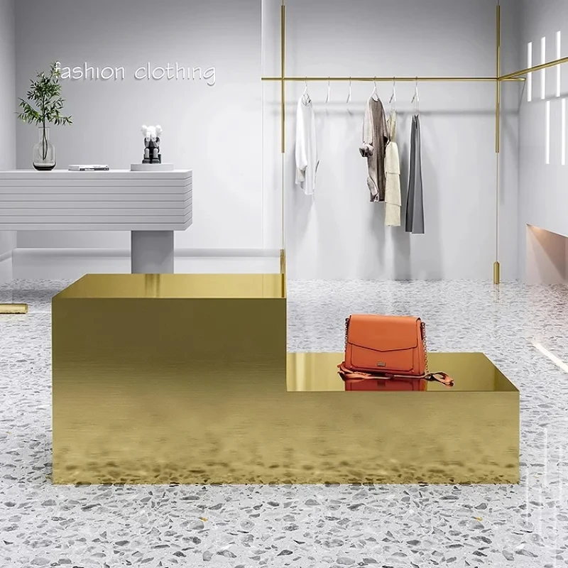 

Clothing Store Table Display Stand in the Middle of Stainless Steel Men's Women's Clothing Store Shoes Bags High and Low Island