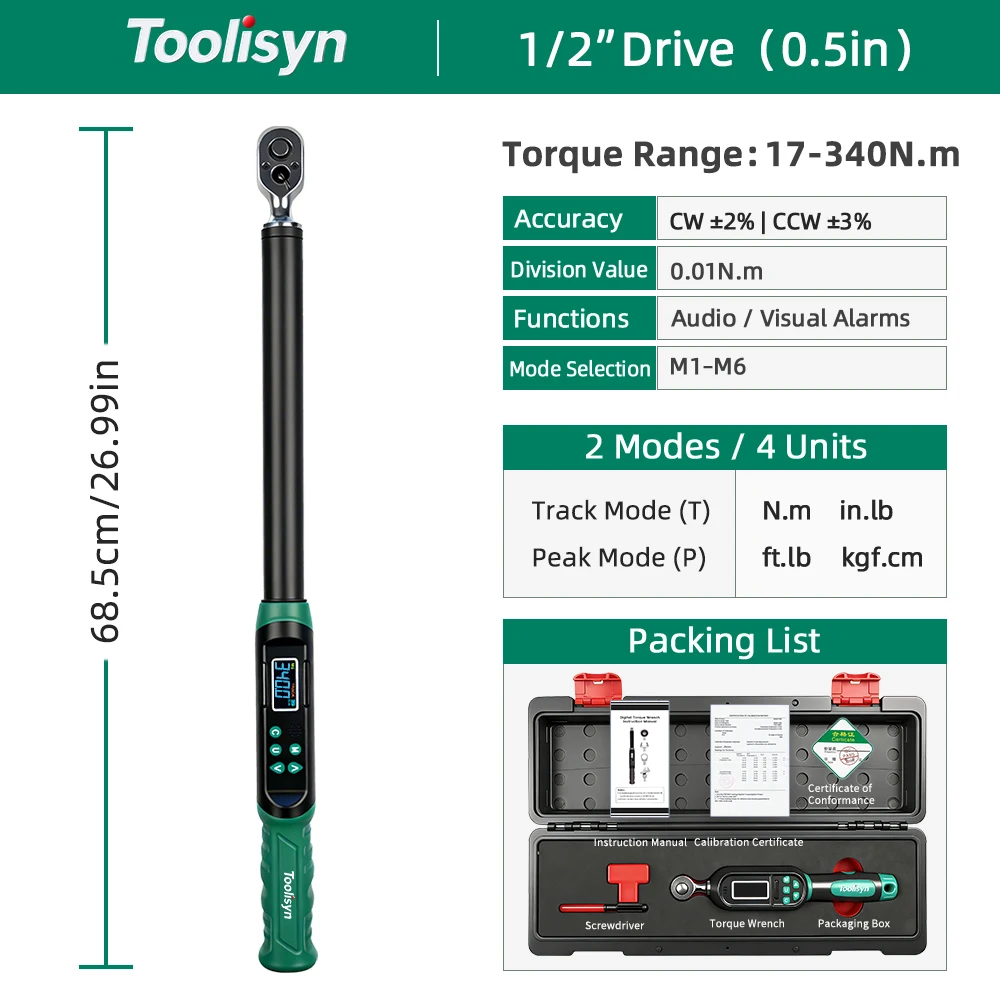 Toolisyn Digitale momentsleutel 0,3-500N.m Verstelbaar 1/4"3/8"1/2" Drive ± 2% nauwkeurigheid LED-zoemer Precisiegereedschap voor fiets- en autoreparatie
