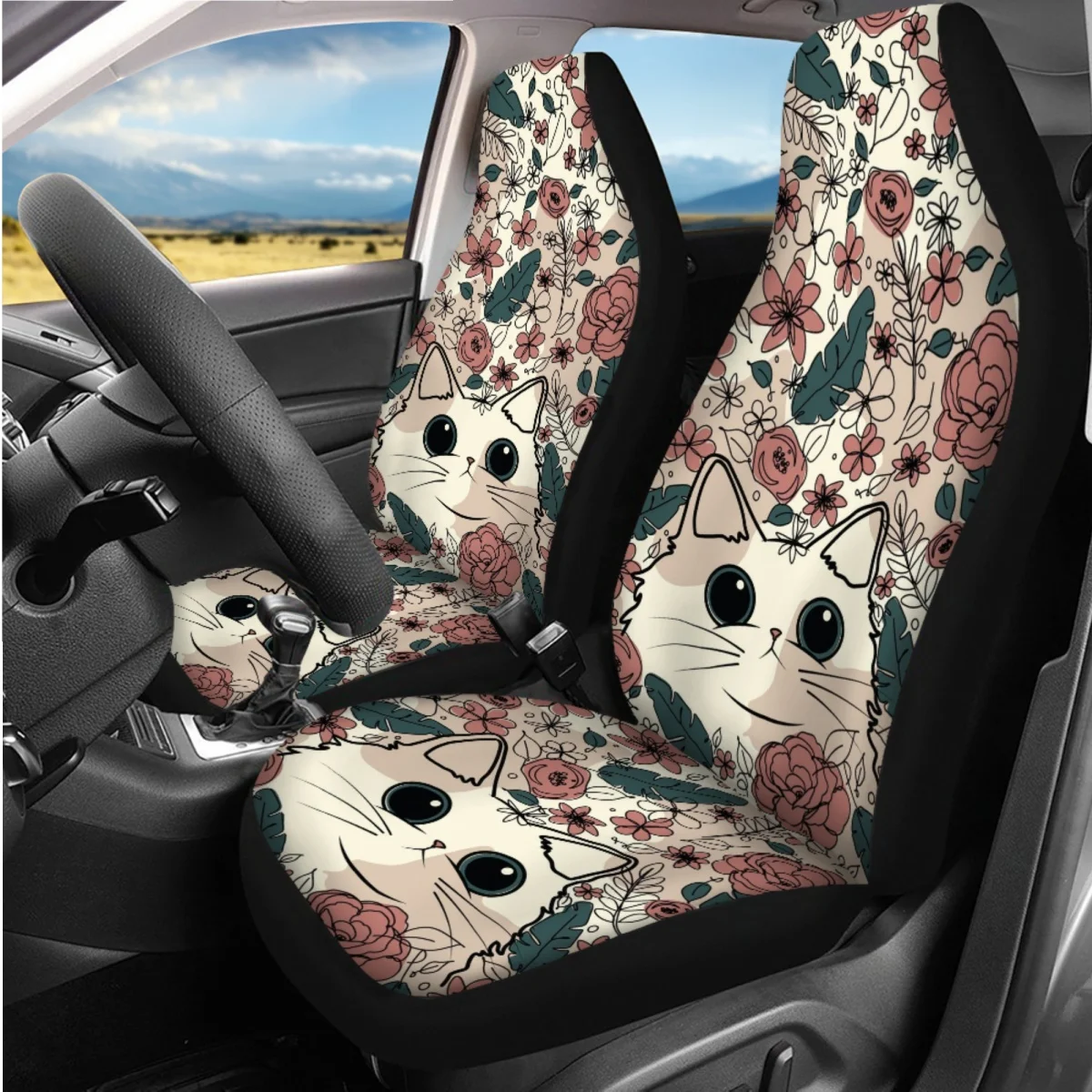 7 Pcs Front/Back Auto Seat Covers Cute Floral Cats Cartoon Car Steering Wheel Cover for Women Men Set Easy to Install Seat Belt