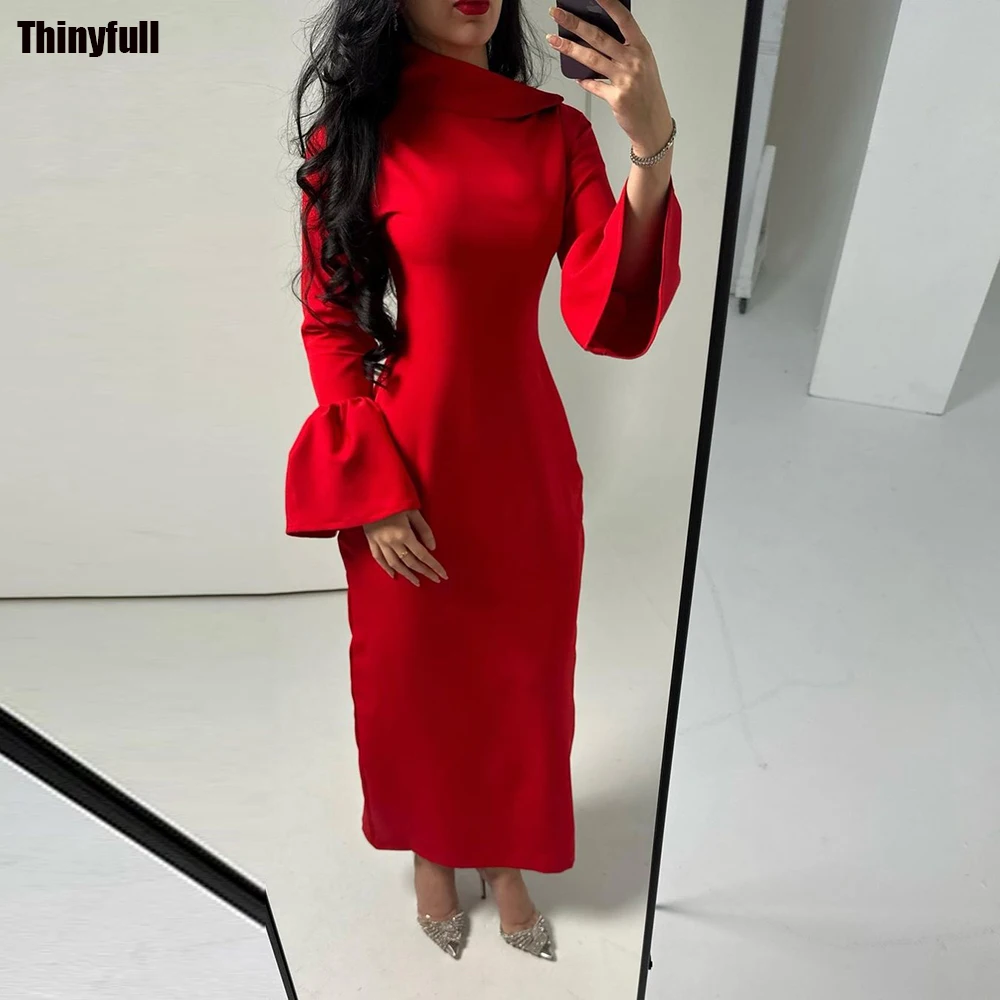 

Thinyfull Mermaid Red Prom Dresses Long Sleeves Satin Saudi Arabia Evening Party Dress Formal Occasion Gown Robe De Soirée