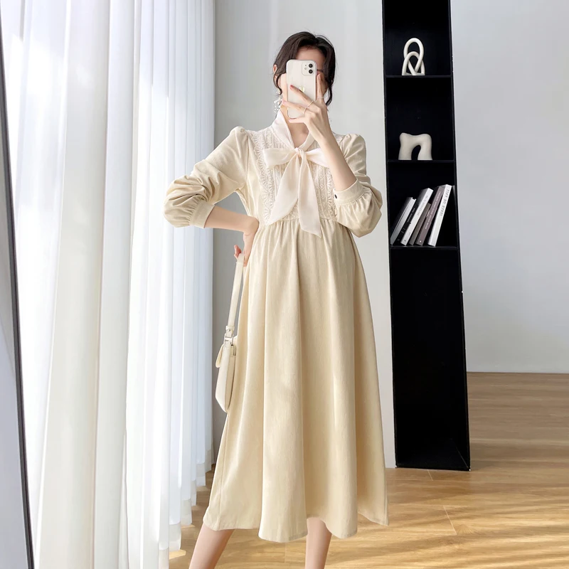 

2605# 2022 Autumn Korean Fashion Corduroy Maternity Long Dress Chic Ins Elegant Bow A Line Clothes for Pregnant Women Pregnancy