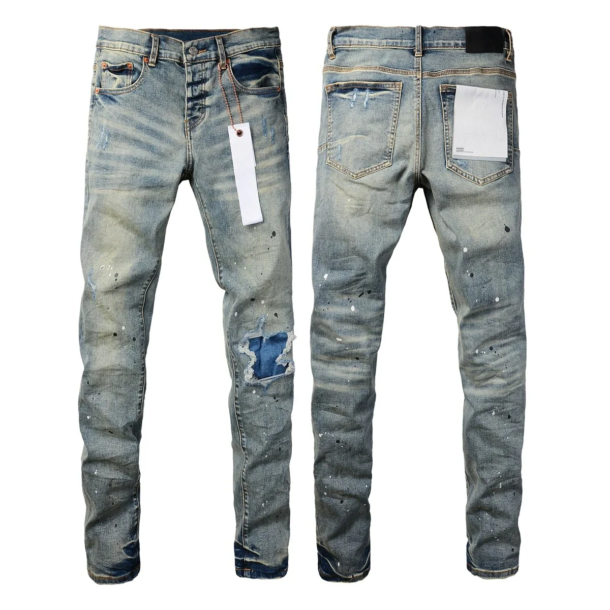 

2024 High-Quality Men's Denim Jeans Destroy Paint Faded Distressed Slim-Fit Mid Rise American High Street Aged Paint Spots