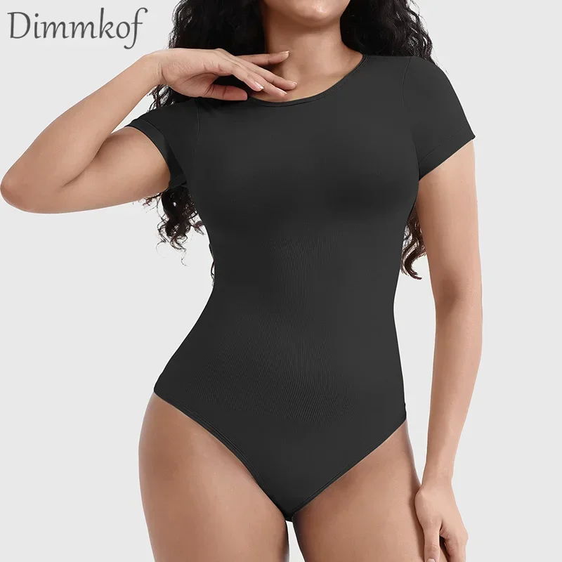 Dimmkof Scoop Neck Thong Short Sleeve Seamless Fabric Womens Bodysuit Shapewear for Tummy Control Compression Body Shaper Top