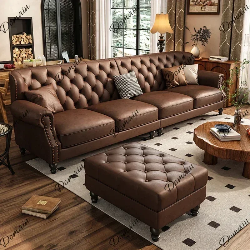 9Simple American Retro Sofa Fancy Leather Small Apartment Buckle Sofa First Layer Cowhide Canape Salon Furniture Couch