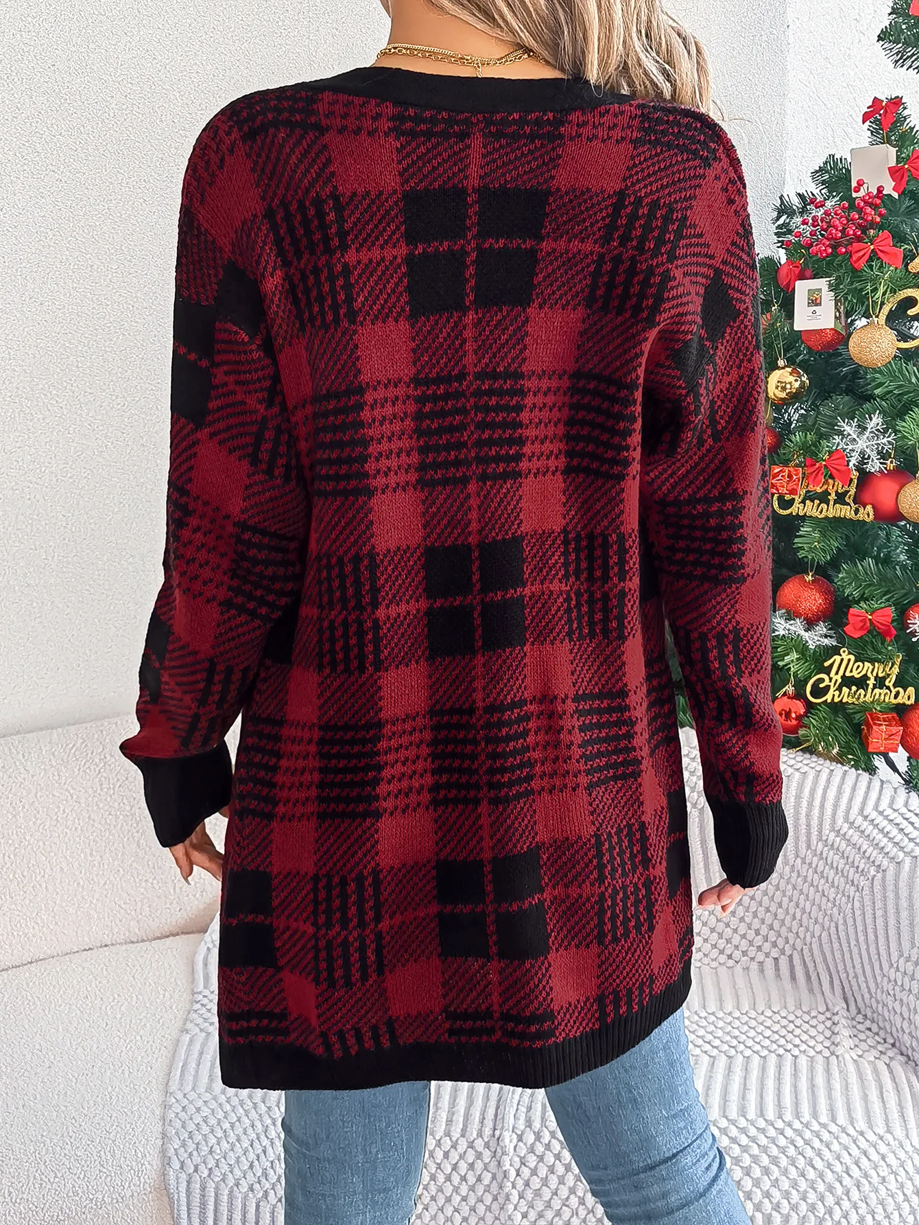 2025 Casual Color bloque a cuadros bolsillo manga larga cárdigan suéter abrigo Navidad chaquetas de mujer ropa de mujer chaqueta